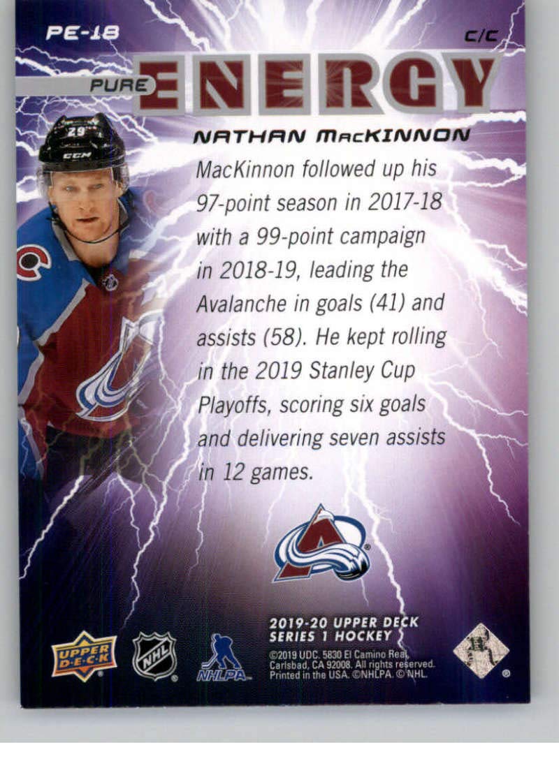 2019-20 Upper Deck Hockey Series 1 Pure Energy #PE-18 Nathan MacKinnon Colorado Avalanche Official UD NHL Trading Card