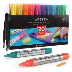 Arteza Acrylic Paint Markers, Set of 20 Acrylic Paint Pens in Assorted Colors, Art & Craft Supplies, Use on Canvases for Painting, Glass, Pottery, Plastic, and Rock