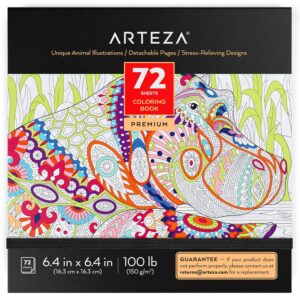 arteza coloring book for adults, 6.4 x 6.4 inches, 72 sheets, animal designs, detachable pages, gray outlines, 100 lb paper, art supplies for anxiety, stress relief, and relaxing