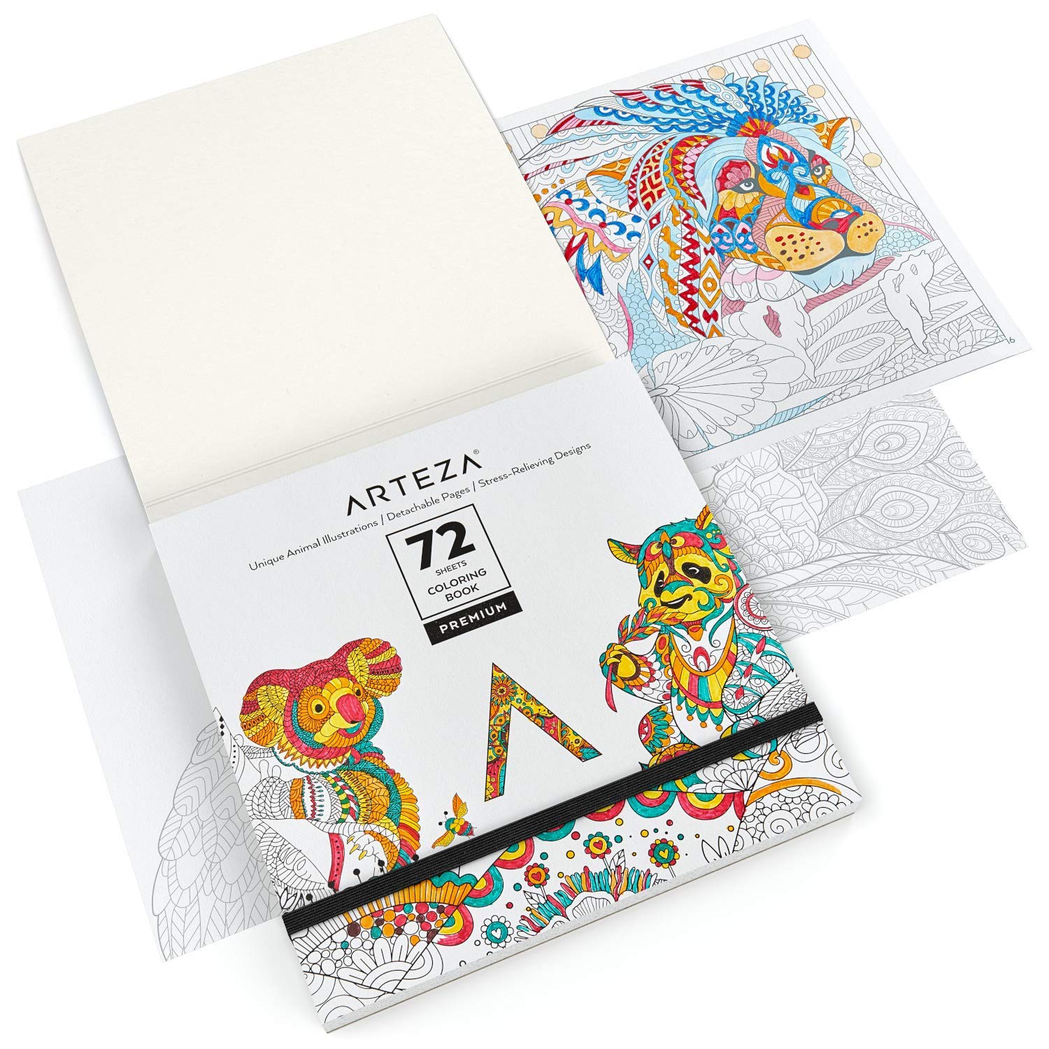 Arteza Coloring Book for Adults, 6.4 x 6.4 Inches, 72 Sheets, Animal Designs, Detachable Pages, Gray Outlines, 100 lb Paper, Art Supplies for Anxiety, Stress Relief, and Relaxing