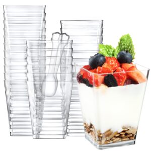 eupako 100 pack 5 oz square clear plastic dessert cups with spoons small tumbler great for desserts, appetizers, puddings, mousse, parfait