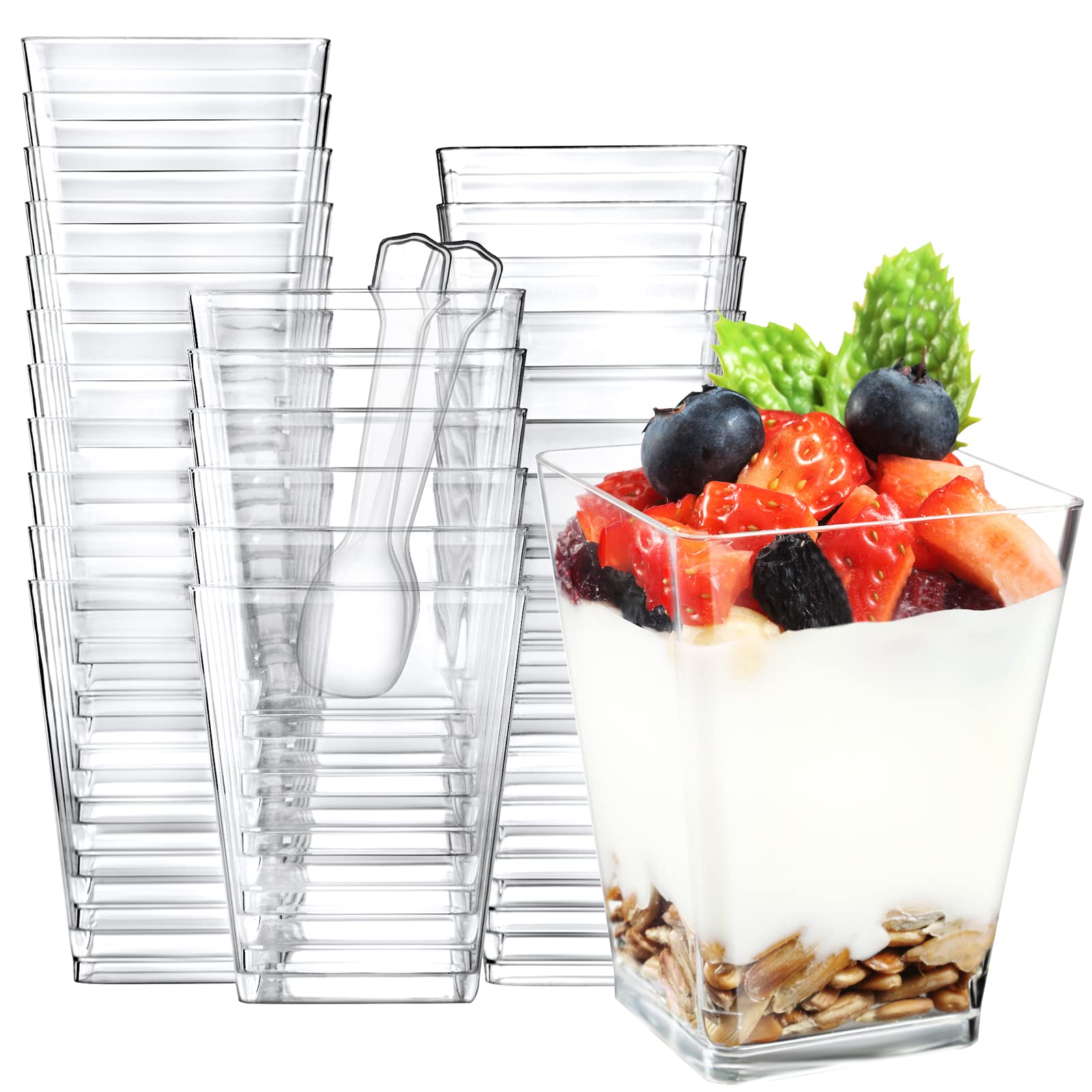 Eupako 100 Pack 5 oz Square Clear Plastic Dessert Cups with Spoons Small Tumbler Great for Desserts, Appetizers, Puddings, Mousse, Parfait