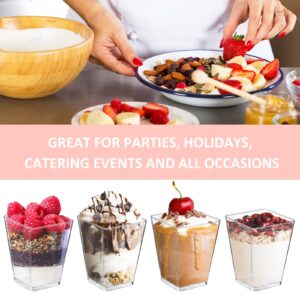 Eupako 100 Pack 5 oz Square Clear Plastic Dessert Cups with Spoons Small Tumbler Great for Desserts, Appetizers, Puddings, Mousse, Parfait