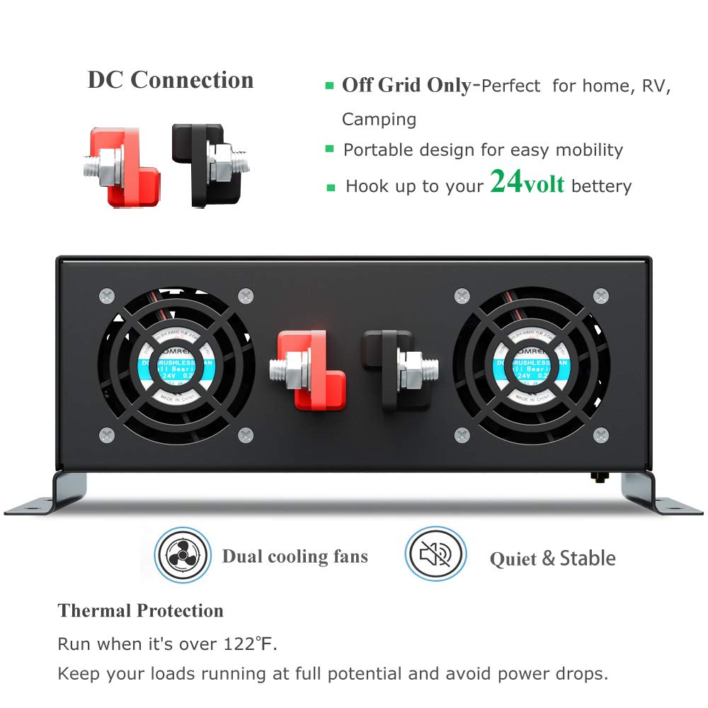 3000 Watt 24V DC Pure Sine Wave Power Inverter with Remote Control Switch, Dual 110V 120V AC Outlets, Automotive Back Up Power Supply Car Converter for RV Truck Boat Camping