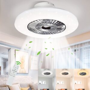 dllt led remote ceiling fan with light kit-40w modern dimmable ceiling fan lighting, 7 invisible blades ceiling fans, 23 inch ceiling lighting fixture flush mount, 3 color changeable, 3 files, timing