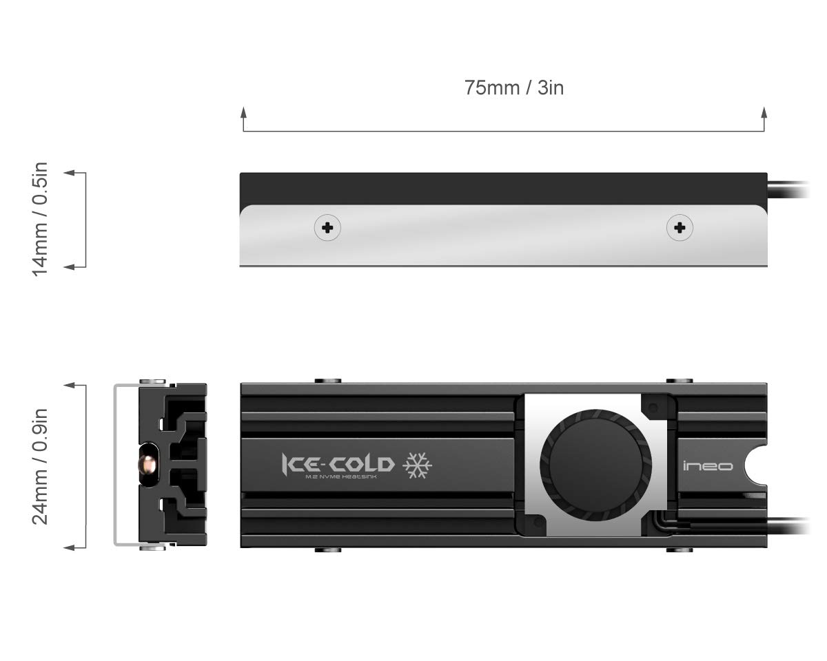 ineo Aluminum M.2 2280 SSD Heatsinks with 20mm Fan and Pure Cooper Strip for M.2 NVME SSD [C2600 Fan]