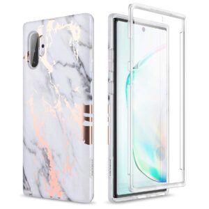 suritch galaxy note 10 plus case, natural marble, built-in screen protector, full-body shockproof rugged bumper - gold