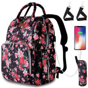 qwreoia floral diaper bag backpack with usb charging port stroller straps and insulated pocket, travel bag nappy backpack for women/mum (red flower pattern)