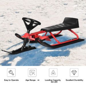 Goplus Snow Racer Sled, Ski Sled Slider Board with Steering Wheel, Twin Brakes, Retractable Pull Rope, for Kids Age 6 & up, Holds Two Children or a Teenager (Reinforced Version)