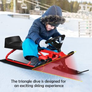 Goplus Snow Racer Sled, Ski Sled Slider Board with Steering Wheel, Twin Brakes, Retractable Pull Rope, for Kids Age 6 & up, Holds Two Children or a Teenager (Reinforced Version)