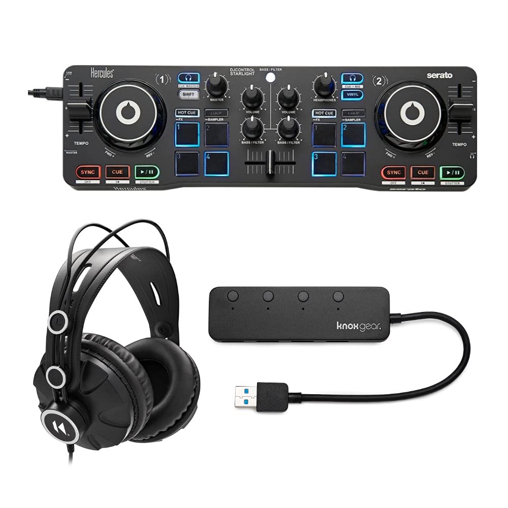 Hercules DJControl Starlight Pocket USB DJ Controller Bundle with Headphones and 4-Port USB 3.0 Hub (3 Items)