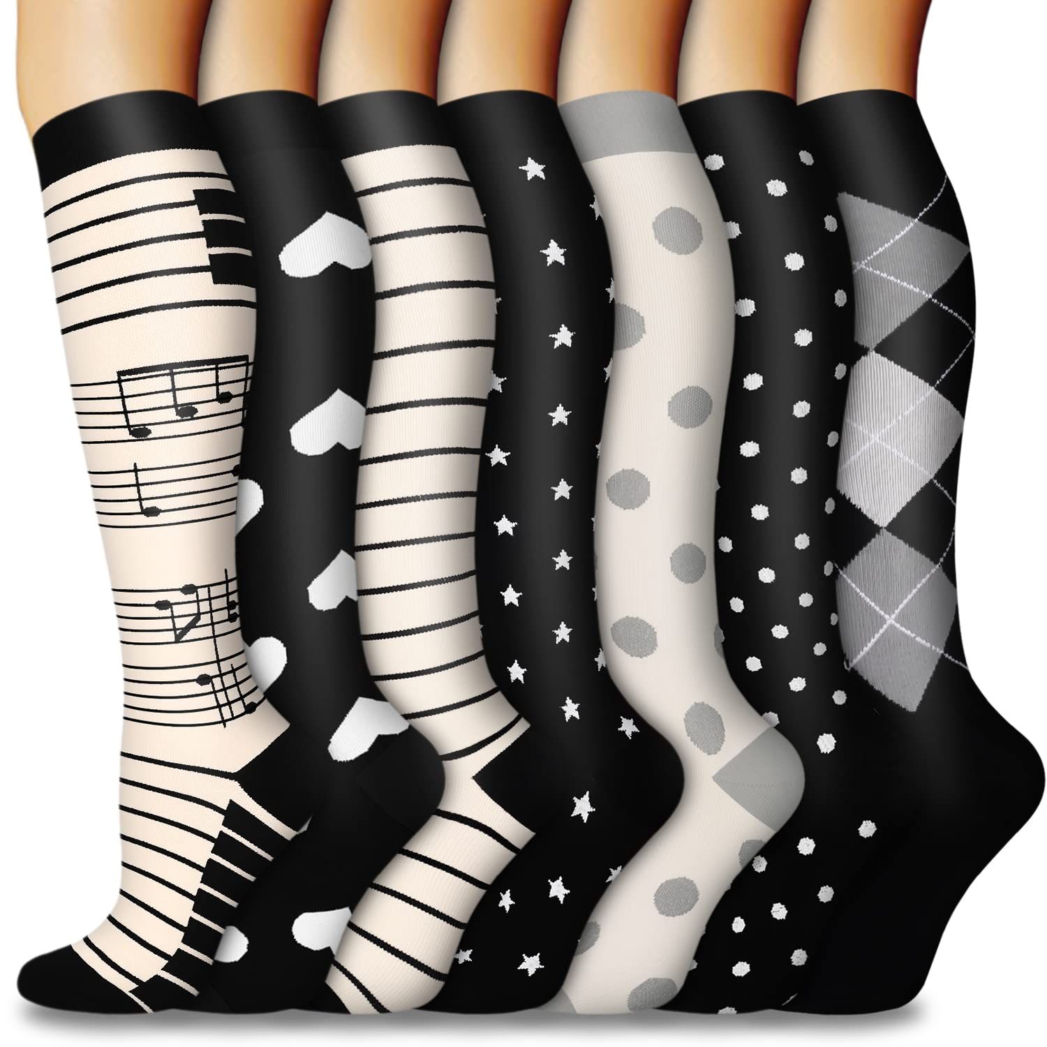 CTHH 7 Pairs Compression Socks for Women & Men Circulation Support Knee High Socks (08 White/Black/Grey/Piano, Small-Medium)