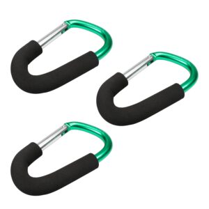 mromax 3pcs stroller hooks, 5.5inches carabiner clip, green easier travel hook, dog stroller leash hook, soft foam grip, purse holder, large clips for hanging bags, backpack, diaper organizer