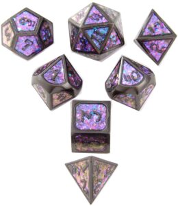 dnd polyhedral metal game dice glitter purple and pink with black numbers 7pc set for dungeons and dragons rpg mtg table games d&d pathfinder shadowrun and math teaching