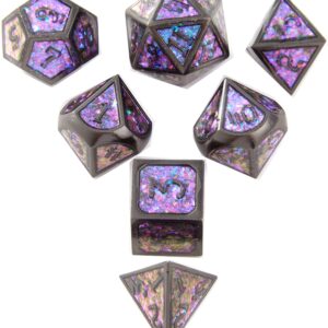 DND Polyhedral Metal Game Dice Glitter Purple and Pink with Black Numbers 7pc Set for Dungeons and Dragons RPG MTG Table Games D&D Pathfinder Shadowrun and Math Teaching