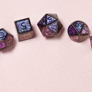 DND Polyhedral Metal Game Dice Glitter Purple and Pink with Black Numbers 7pc Set for Dungeons and Dragons RPG MTG Table Games D&D Pathfinder Shadowrun and Math Teaching