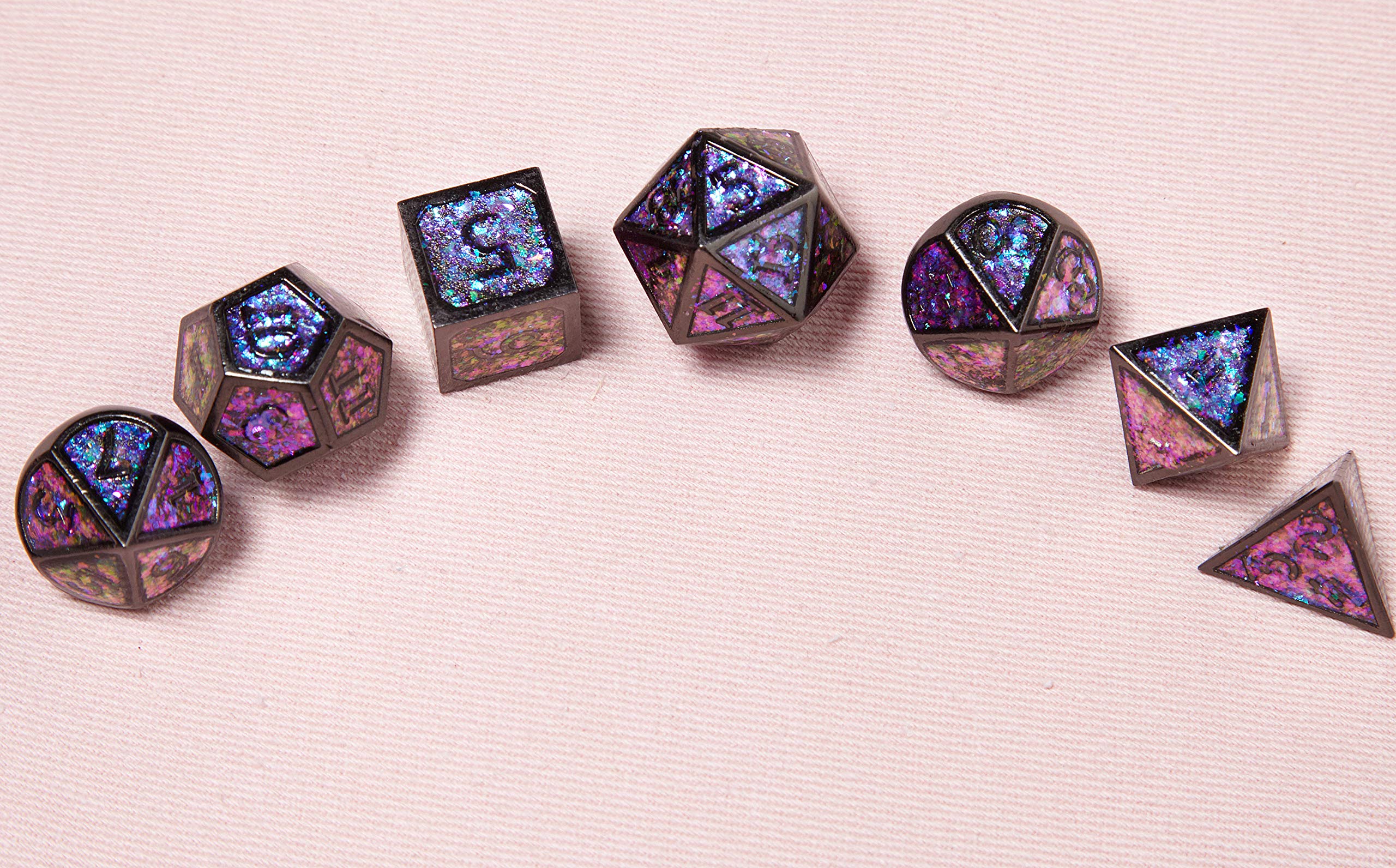 DND Polyhedral Metal Game Dice Glitter Purple and Pink with Black Numbers 7pc Set for Dungeons and Dragons RPG MTG Table Games D&D Pathfinder Shadowrun and Math Teaching