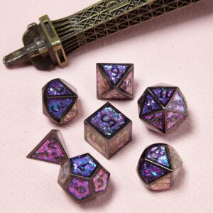 DND Polyhedral Metal Game Dice Glitter Purple and Pink with Black Numbers 7pc Set for Dungeons and Dragons RPG MTG Table Games D&D Pathfinder Shadowrun and Math Teaching