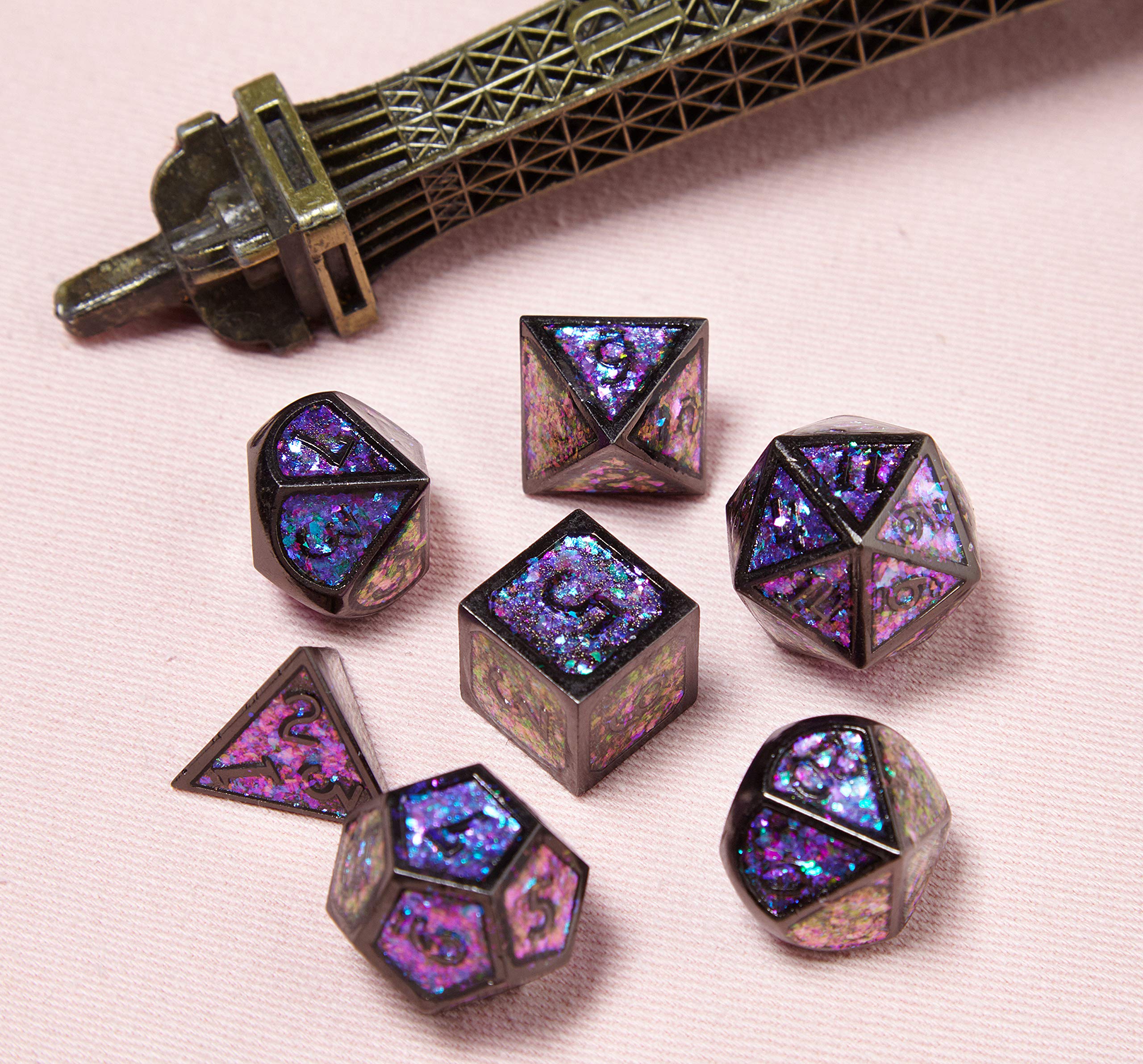 DND Polyhedral Metal Game Dice Glitter Purple and Pink with Black Numbers 7pc Set for Dungeons and Dragons RPG MTG Table Games D&D Pathfinder Shadowrun and Math Teaching