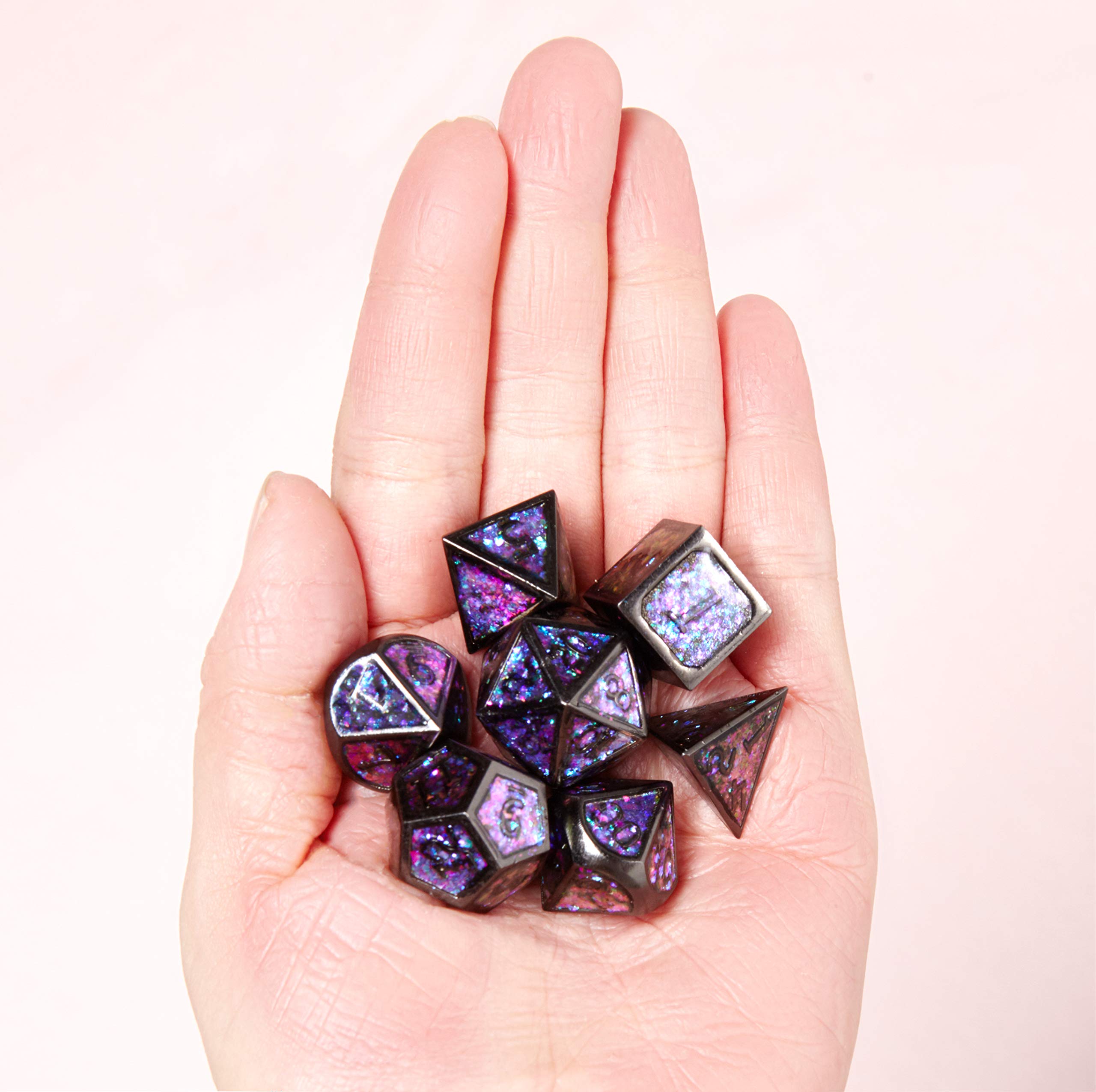 DND Polyhedral Metal Game Dice Glitter Purple and Pink with Black Numbers 7pc Set for Dungeons and Dragons RPG MTG Table Games D&D Pathfinder Shadowrun and Math Teaching