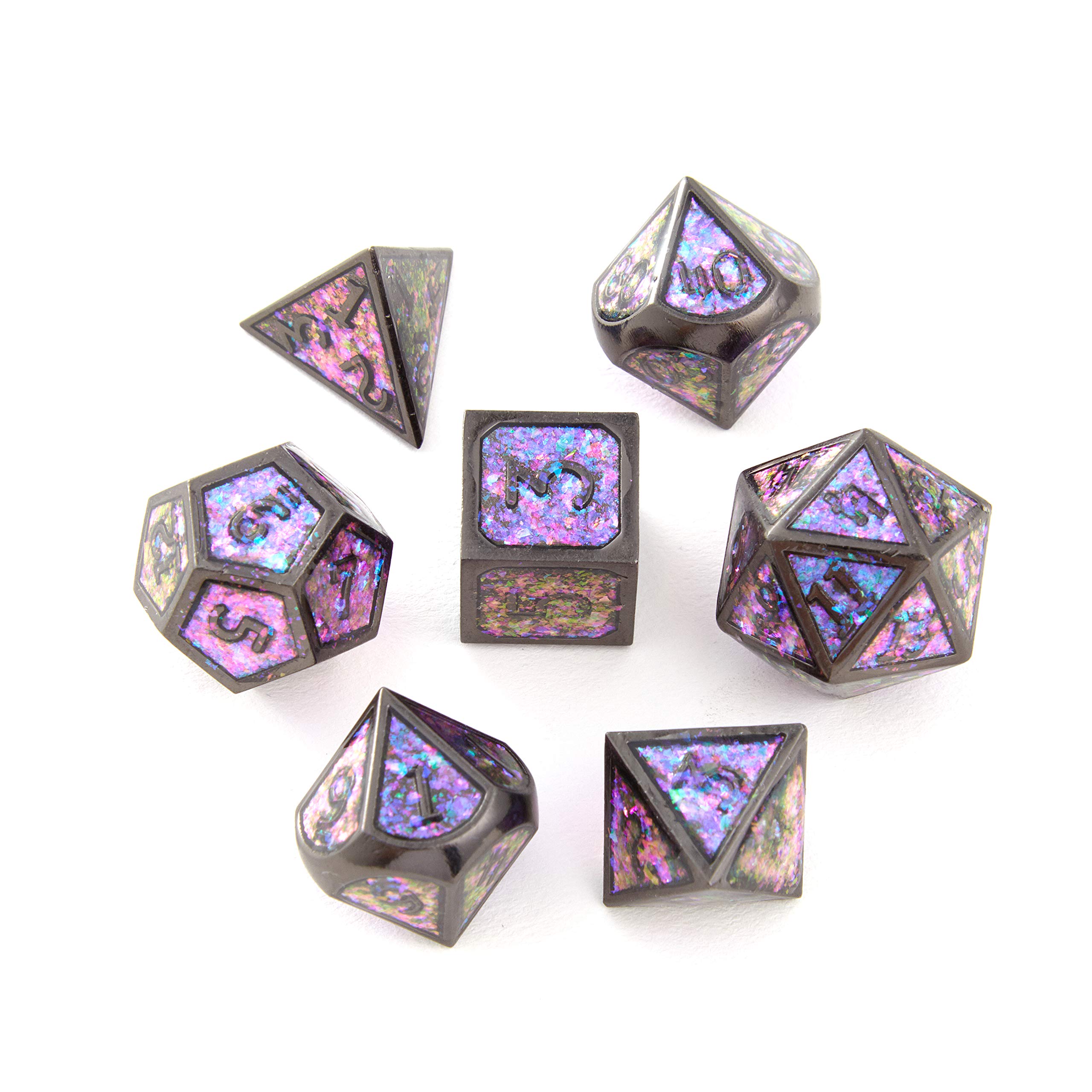 DND Polyhedral Metal Game Dice Glitter Purple and Pink with Black Numbers 7pc Set for Dungeons and Dragons RPG MTG Table Games D&D Pathfinder Shadowrun and Math Teaching