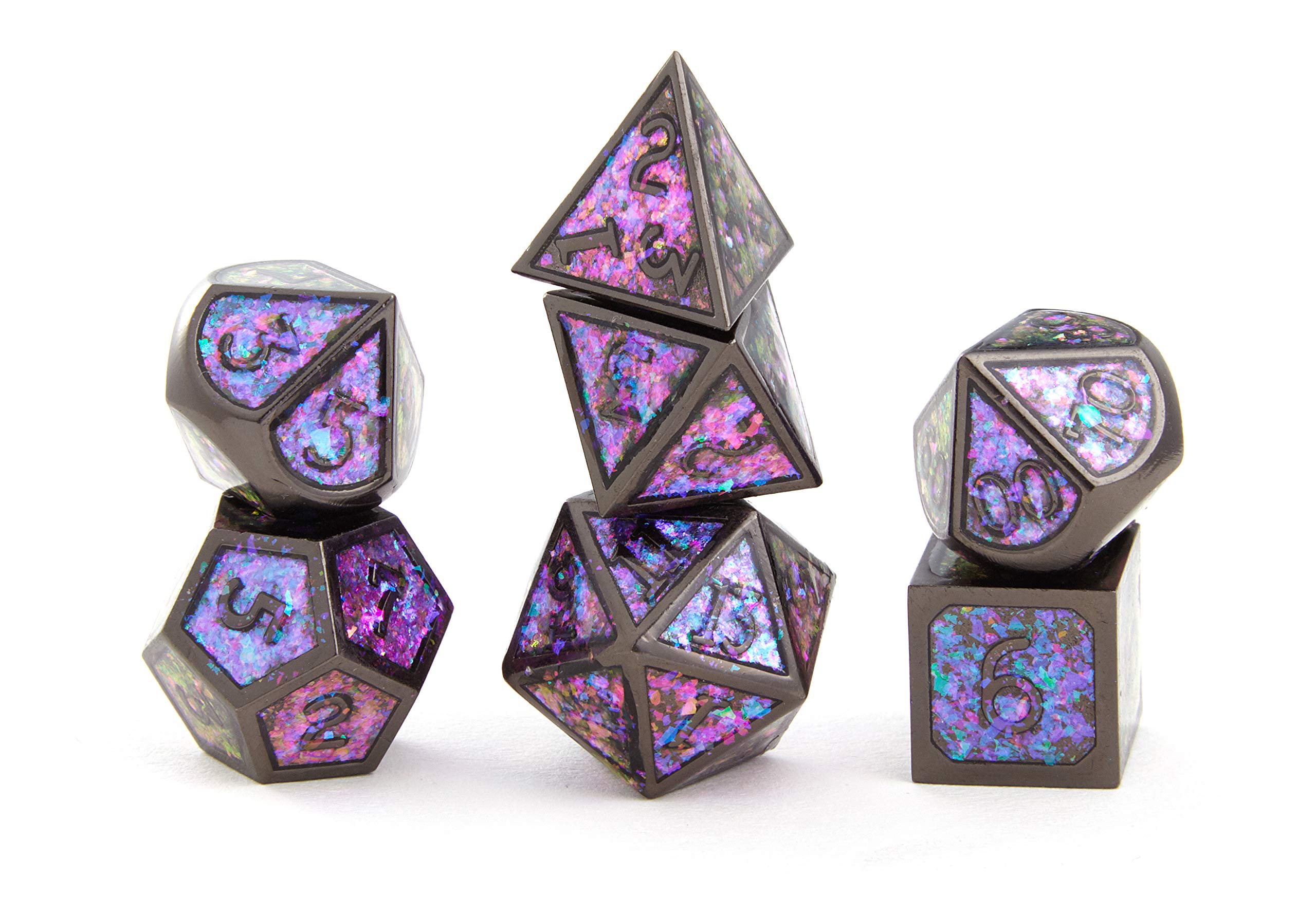 DND Polyhedral Metal Game Dice Glitter Purple and Pink with Black Numbers 7pc Set for Dungeons and Dragons RPG MTG Table Games D&D Pathfinder Shadowrun and Math Teaching