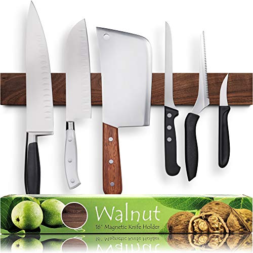 Premium Dark Walnut Wood Magnetic Knife Holder for Wall | 16 Inch | Upgraded Version | Professional Wooden Magnetic Knife Strip - Space-Saving Knife Rack/Knife Bar With Powerful Magnetic Pull Force