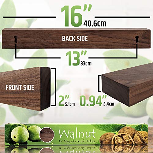 Premium Dark Walnut Wood Magnetic Knife Holder for Wall | 16 Inch | Upgraded Version | Professional Wooden Magnetic Knife Strip - Space-Saving Knife Rack/Knife Bar With Powerful Magnetic Pull Force