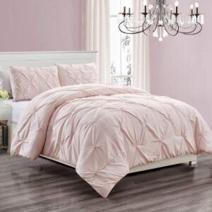 3 piece microfiber comforter set girls bed dorm room decor pinch pleat pintuck down alternative queen size bedding - all season rose blush pink bedroom decor- jn1 (queen 3 piece)