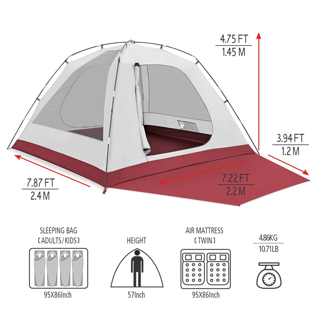 KAZOO 4 Person Camping Tent Outdoor Waterproof Family Large Tents 4 People Easy Setup Tent with Porch Double Layer