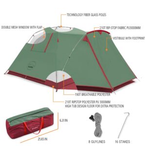 KAZOO 4 Person Camping Tent Outdoor Waterproof Family Large Tents 4 People Easy Setup Tent with Porch Double Layer