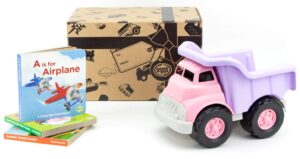 green toys dump truck, pink & board book set, 3-pack - pretend play, motor skills, reading, kids toy vehicle. no bpa, phthalates, pvc. dishwasher safe, recycled plastic, made in usa.