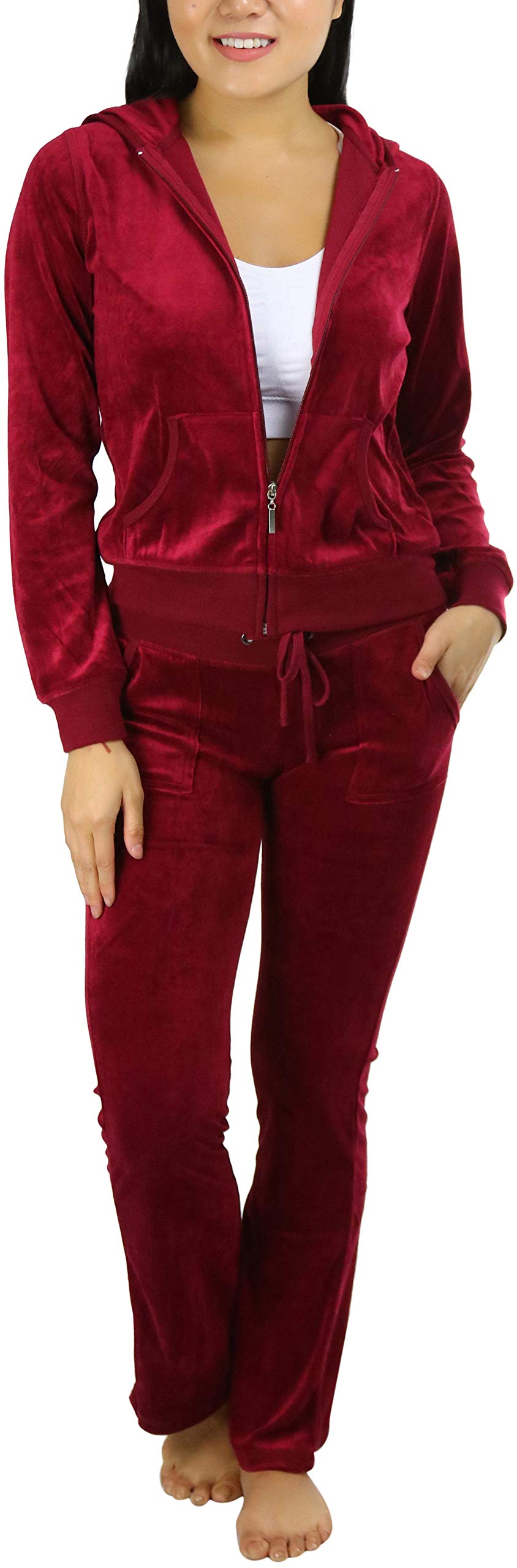 ToBeInStyle Women’s Cozy Lounge Velour Hooded Jacket and Matching Pants - Burgundy - M