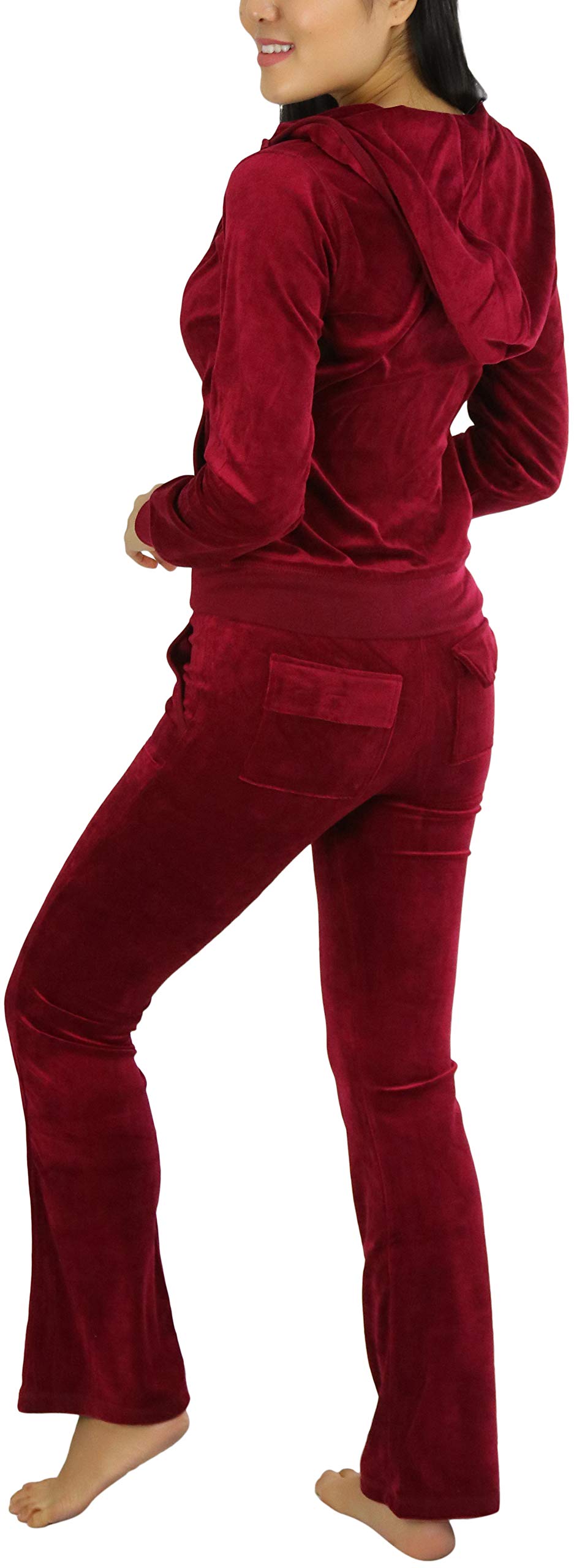 ToBeInStyle Women’s Cozy Lounge Velour Hooded Jacket and Matching Pants - Burgundy - M