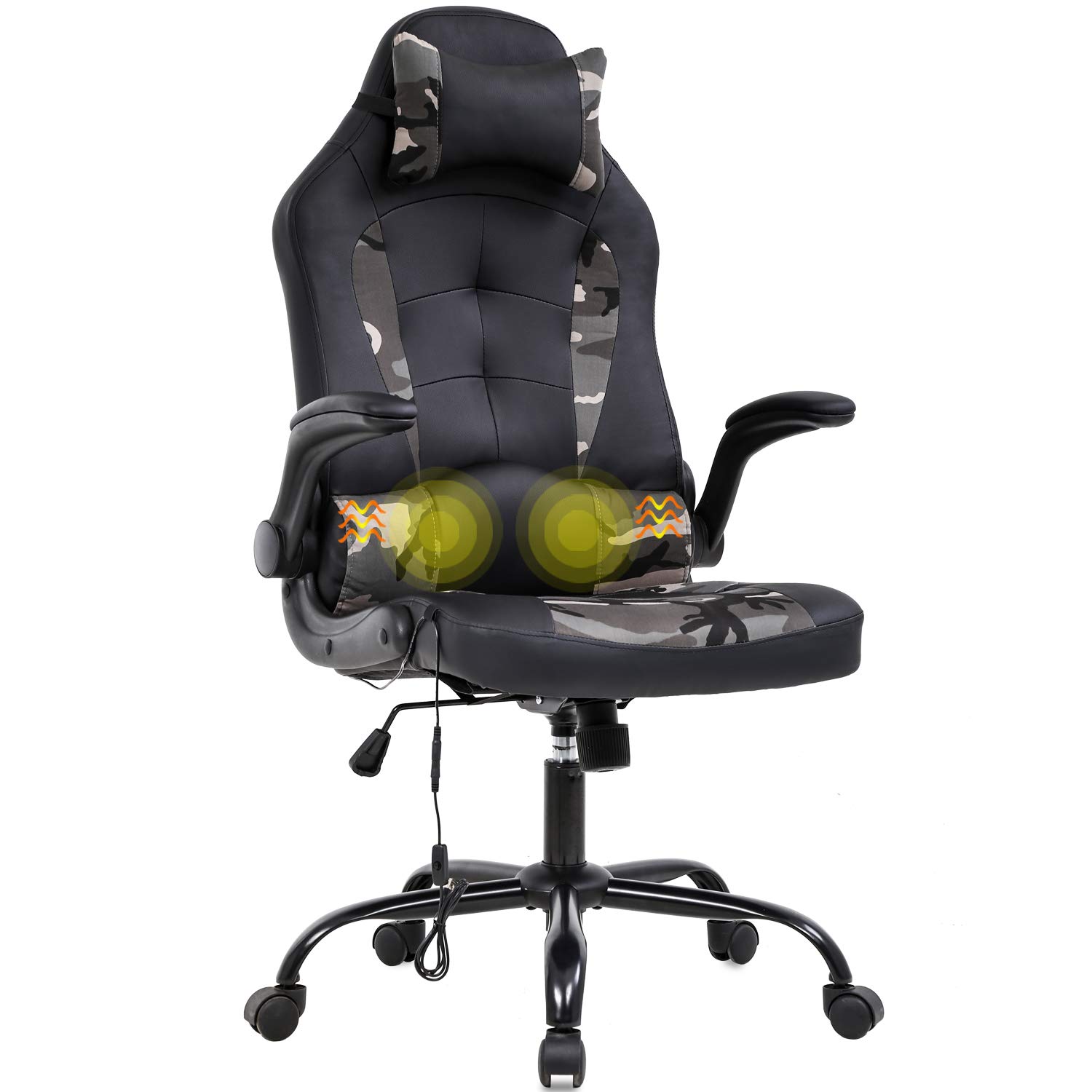 PC Gaming Chair Racing Office Chair Ergonomic Desk Chair Massage PU Leather Computer Chair with Lumbar Support Headrest Armrest Executive Task Rolling Swivel Chair for Back Pain, Camo