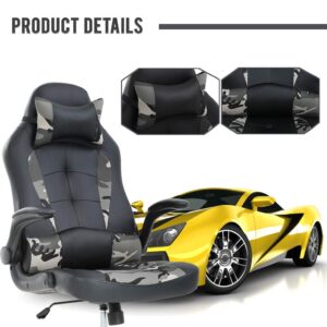 PC Gaming Chair Racing Office Chair Ergonomic Desk Chair Massage PU Leather Computer Chair with Lumbar Support Headrest Armrest Executive Task Rolling Swivel Chair for Back Pain, Camo