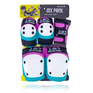 187 Killer Pads Skateboarding Knee Pads, Elbow Pads, and Wrist Guards, Six Pack Pad Set, Pink/Teal, Small/Medium