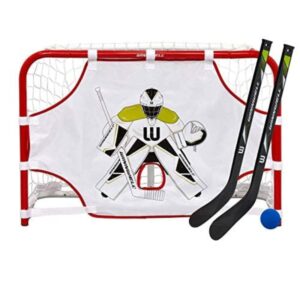 winnwell mini hockey goal set - indoor hockey training equipment - includes 2 mini sticks, 1 ball, 1 net goal & shooting target