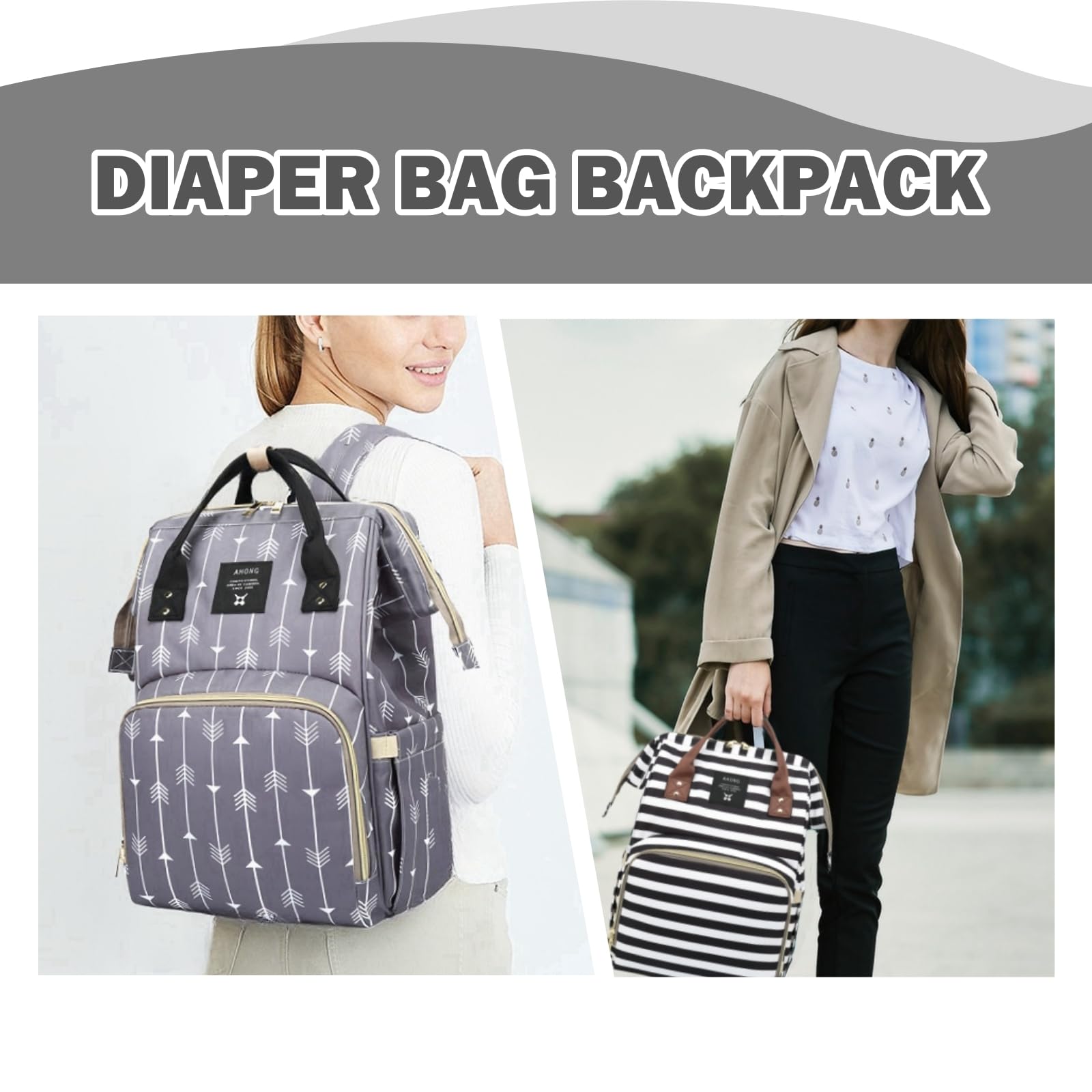 Armbq Stripe Prints Diaper Bag Backpack Multi-Function Waterproof Diaper Bag for Mom Essentials Baby Travel Diaper Backpack