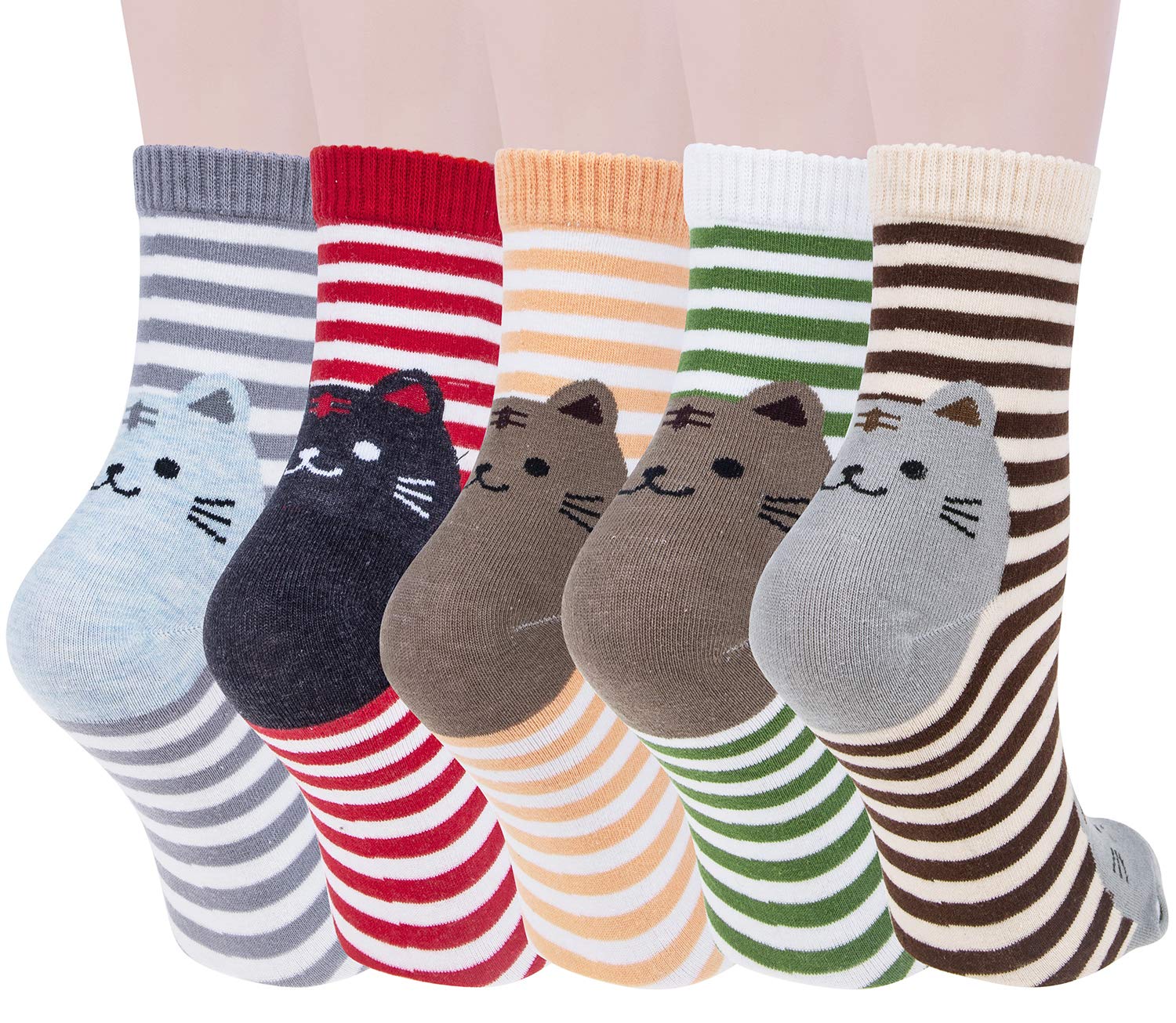 Cute Womens Dog Cat Novelty Animal Socks for girl Cartoon Cotton Casual Crew Funny Socks 5 Pairs, Cat Style 3