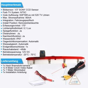 Car Third Roof Top Mount Brake Lamp Camera Brake Light Rear View Backup Camera for VW T6 Bus Transporter Business(1 Door) ab 2016 Bj (NO.1 Backup Camera)