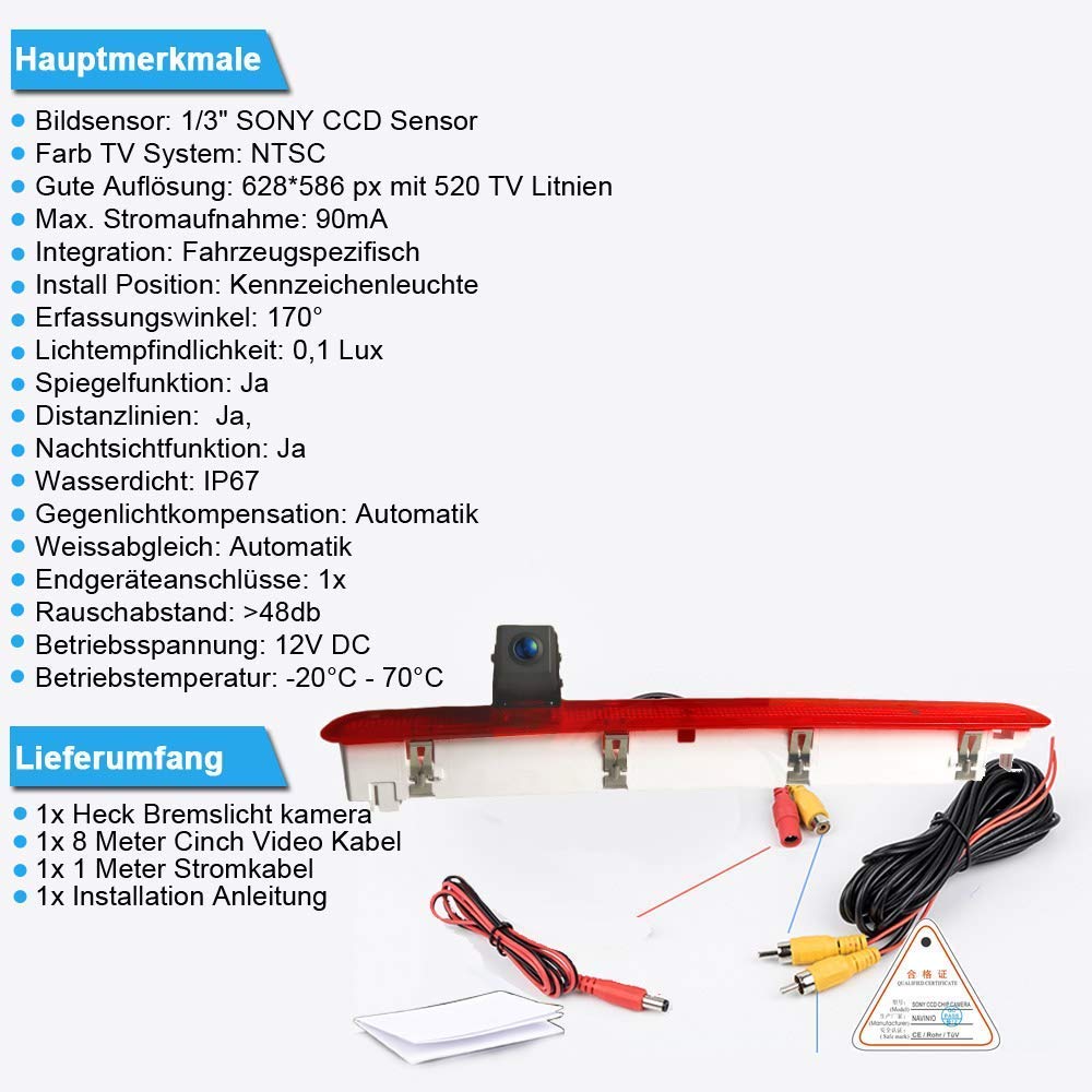 Car Third Roof Top Mount Brake Lamp Camera Brake Light Rear View Backup Camera for VW T6 Bus Transporter Business(1 Door) ab 2016 Bj (NO.1 Backup Camera)