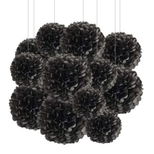 aimto 12pcs black paper pom poms decorations for party ceiling wall hanging tissue flowers decorations - 1 color of 12 inch, 10 inch