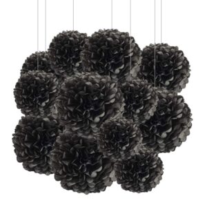 Aimto 12pcs Black Paper Pom Poms Decorations for Party Ceiling Wall Hanging Tissue Flowers Decorations - 1 Color of 12 Inch, 10 Inch