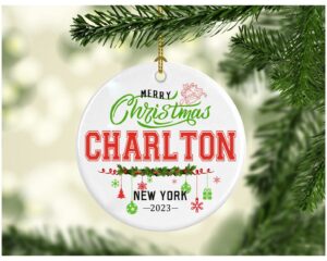 christmas decorations tree ornament 2023 gifts hometown city state - merry christmas charlton new york gift for family rustic 1st xmas tree in our new home 3 inches white