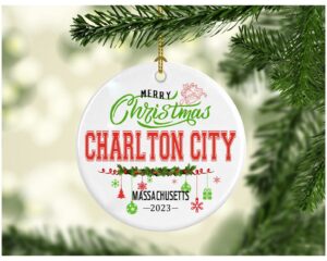 christmas decorations tree ornament 2023 gifts hometown city state - merry christmas charlton city massachusetts gift for family rustic 1st xmas tree in our new home 3 inches white