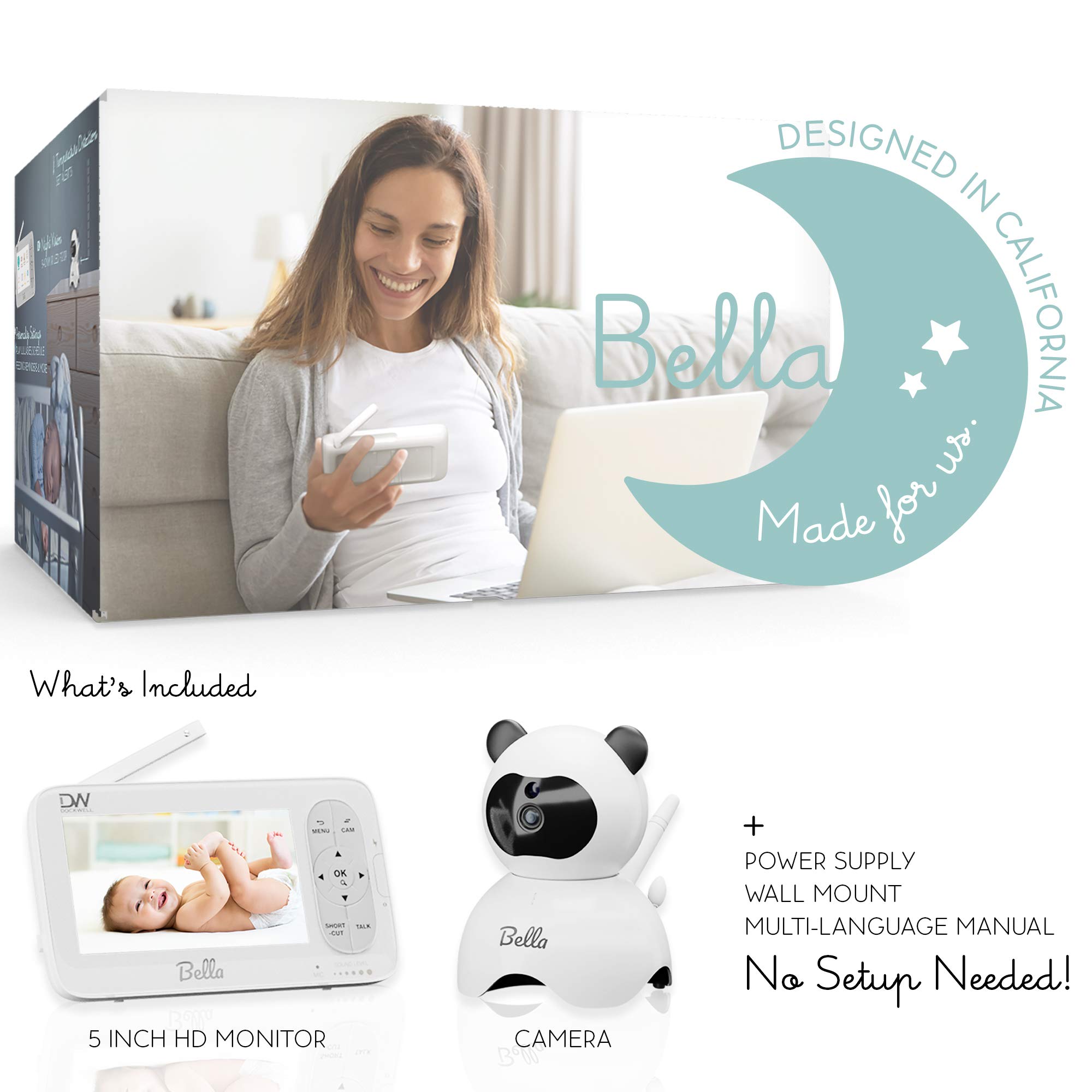 Dockwell Bella Video Baby Monitor with Camera and Audio - 5" LCD Display - HD Clear Picture Quality - Wide Angle 340 Degrees Pan 90 Degrees Tilt - 2 Way Audio - Alert Notifications - Night Vision