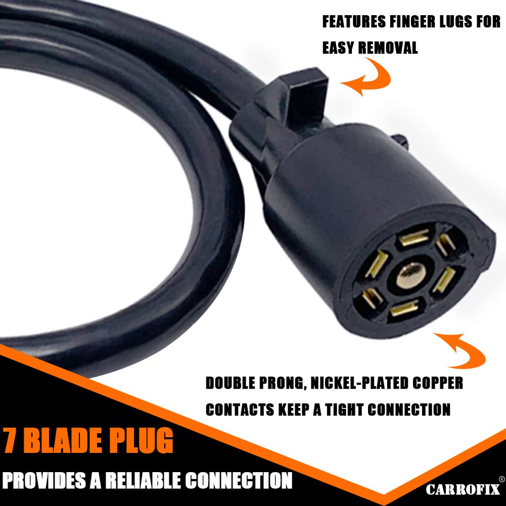 CARROFIX 7-Way Trailer Extension Cord Wire 7-Blade Trailer Wiring Connector Socket for RV, Truck, Caravan, 5th Wheel or Gooseneck - Heavy Duty and Unique Waterproof Design