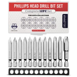 phillips screwdriver drill bit set (premium 12pc complete set) w/storage case and bit holder - 1/4in hex shank magnetic bit set - impact ready - s2 steel - long 2in heads for drills. baker and bolt