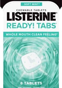 Listerine Ready! Tabs Chewable Tablets with Soft Mint Flavor, Revolutionary 4-Hour Fresh Breath Tablets to Help Fight Bad Breath On-the-Go, Sugar-Free, Alcohol-Free & Gluten-Free, 8 ct